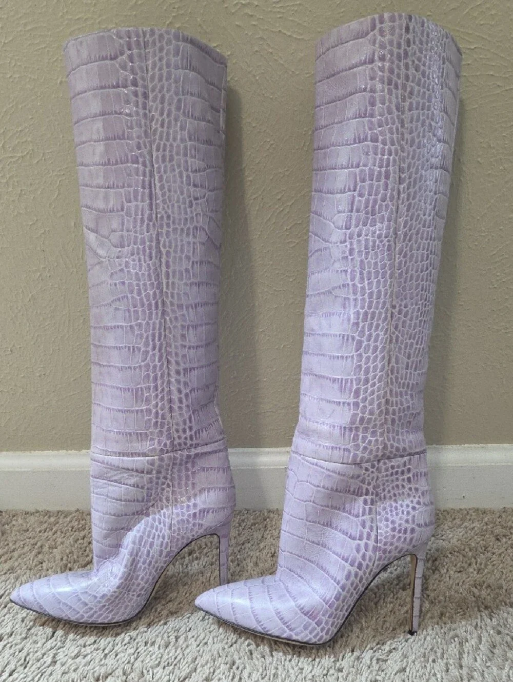 NWOT Paris Texas Lilac Croc-Embossed Knee-High Stiletto Boots - Women, $1,895.00
